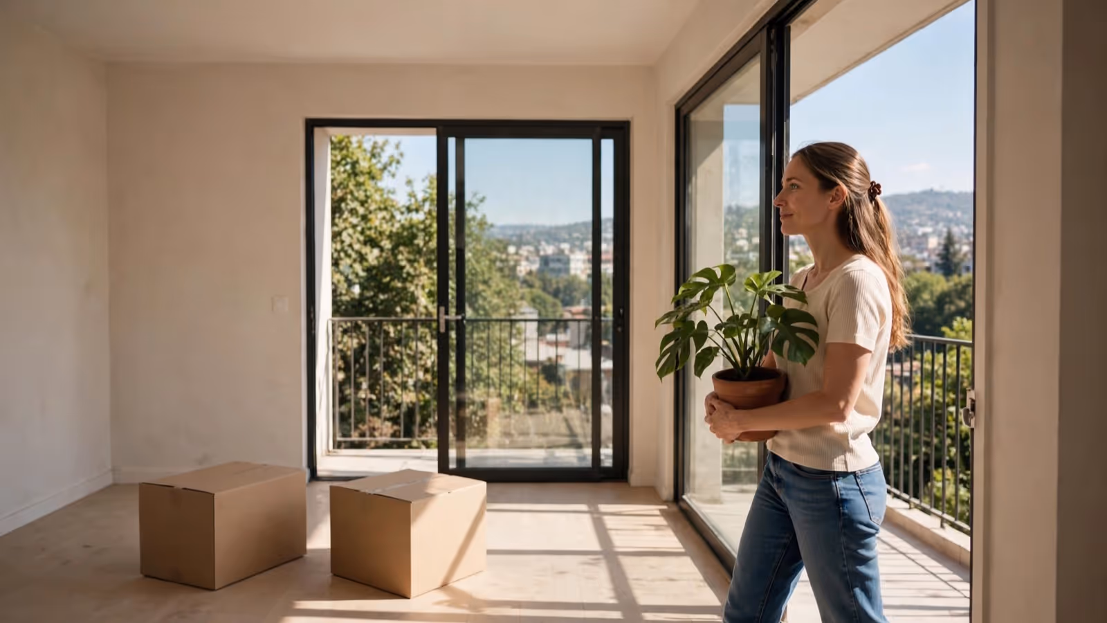 Arrendataria llegando con una planta a un departamento vacío en Las Condes