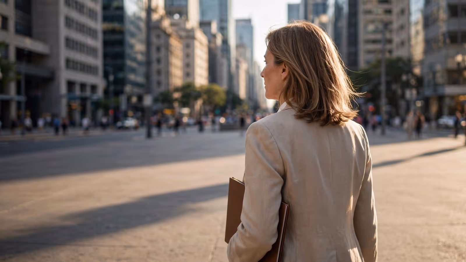 Mujer caminando por el distrito financiero de Santiago en una tarde de verano