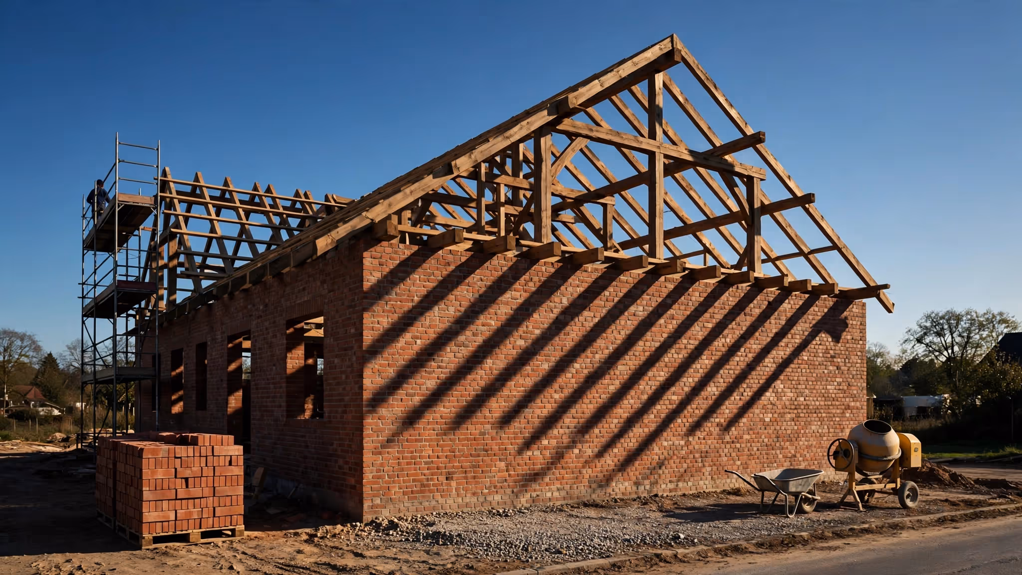 Casa de ladrillo en construcción, con la estructura de madera del techo a la vista contra el cielo