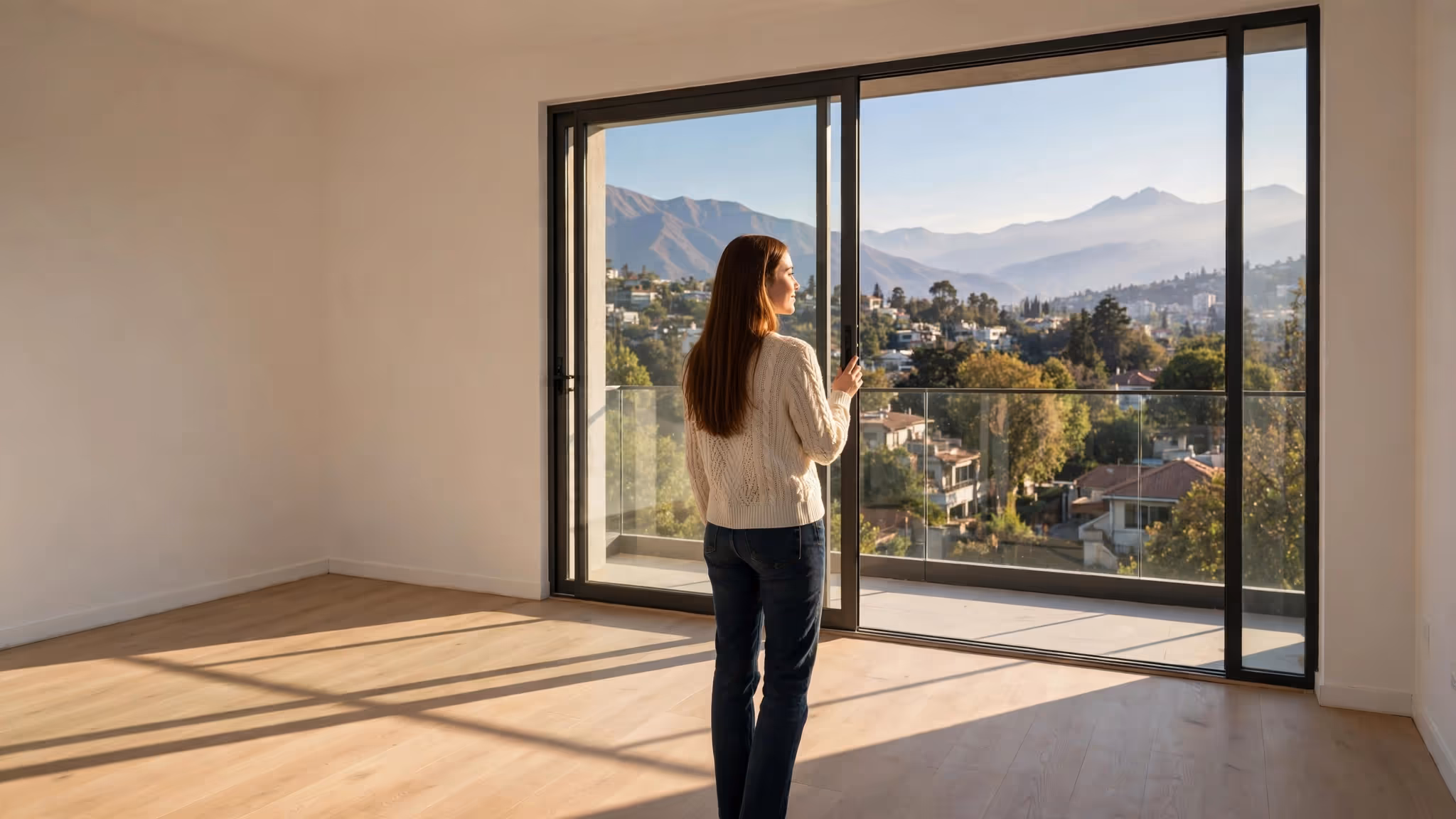 Mujer joven de pie en el living vacío de un departamento nuevo, mirando por la ventana con el sol de la tarde
