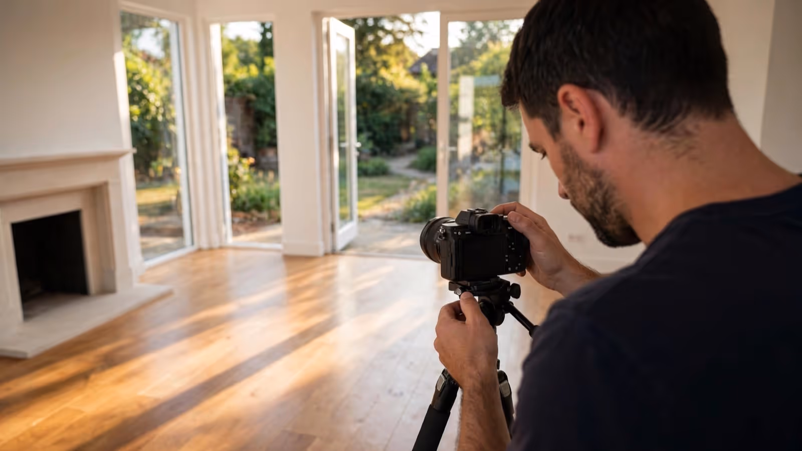 Fotógrafo inmobiliario preparando las fotos de una casa que sale a la venta
