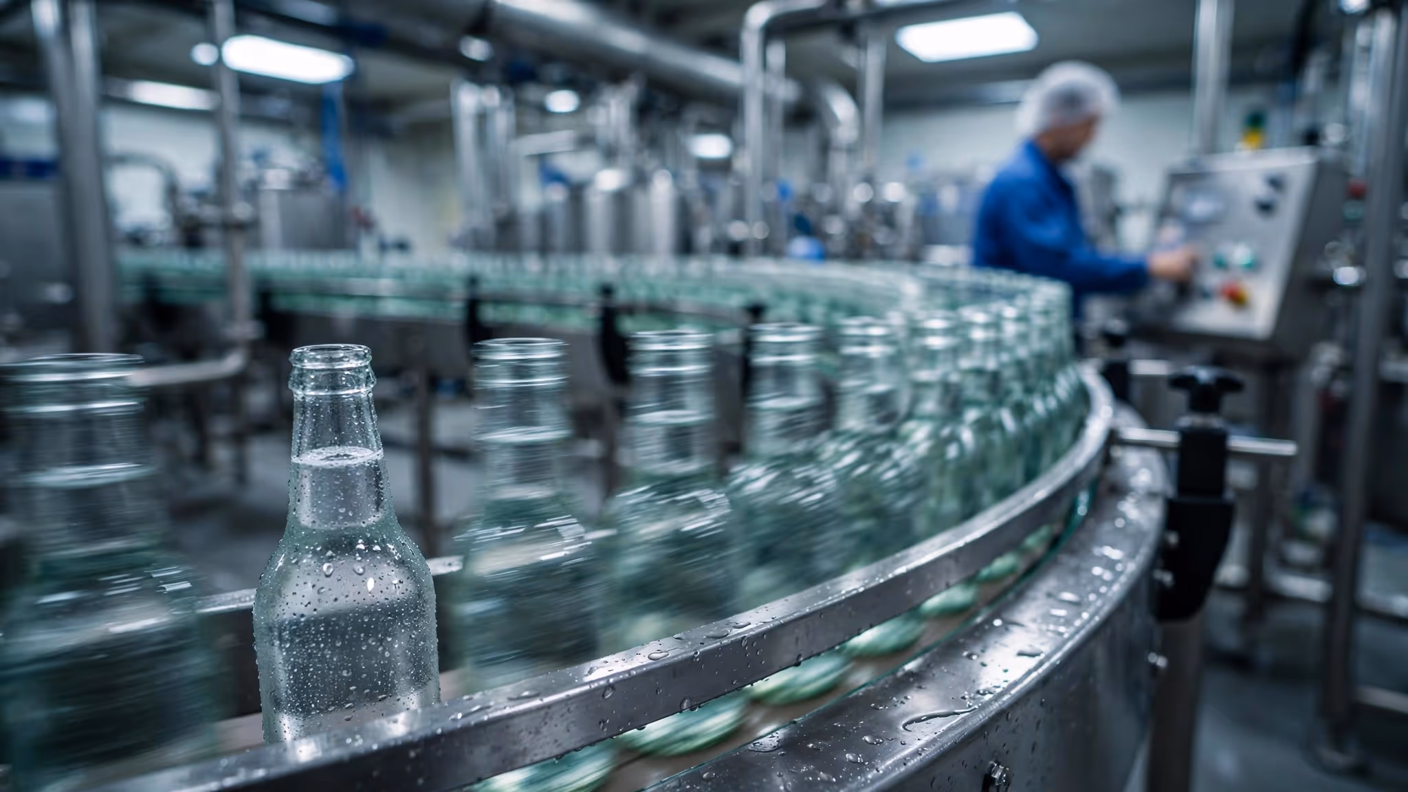 Botellas de vidrio avanzando por la cinta de una línea de envasado en movimiento