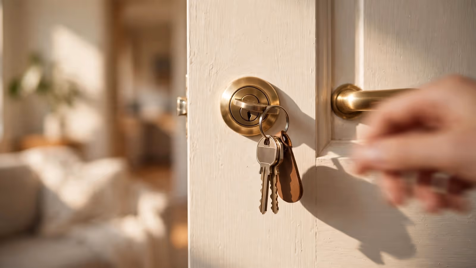 Llaves puestas en la cerradura de la puerta de una casa, en una tarde de verano
