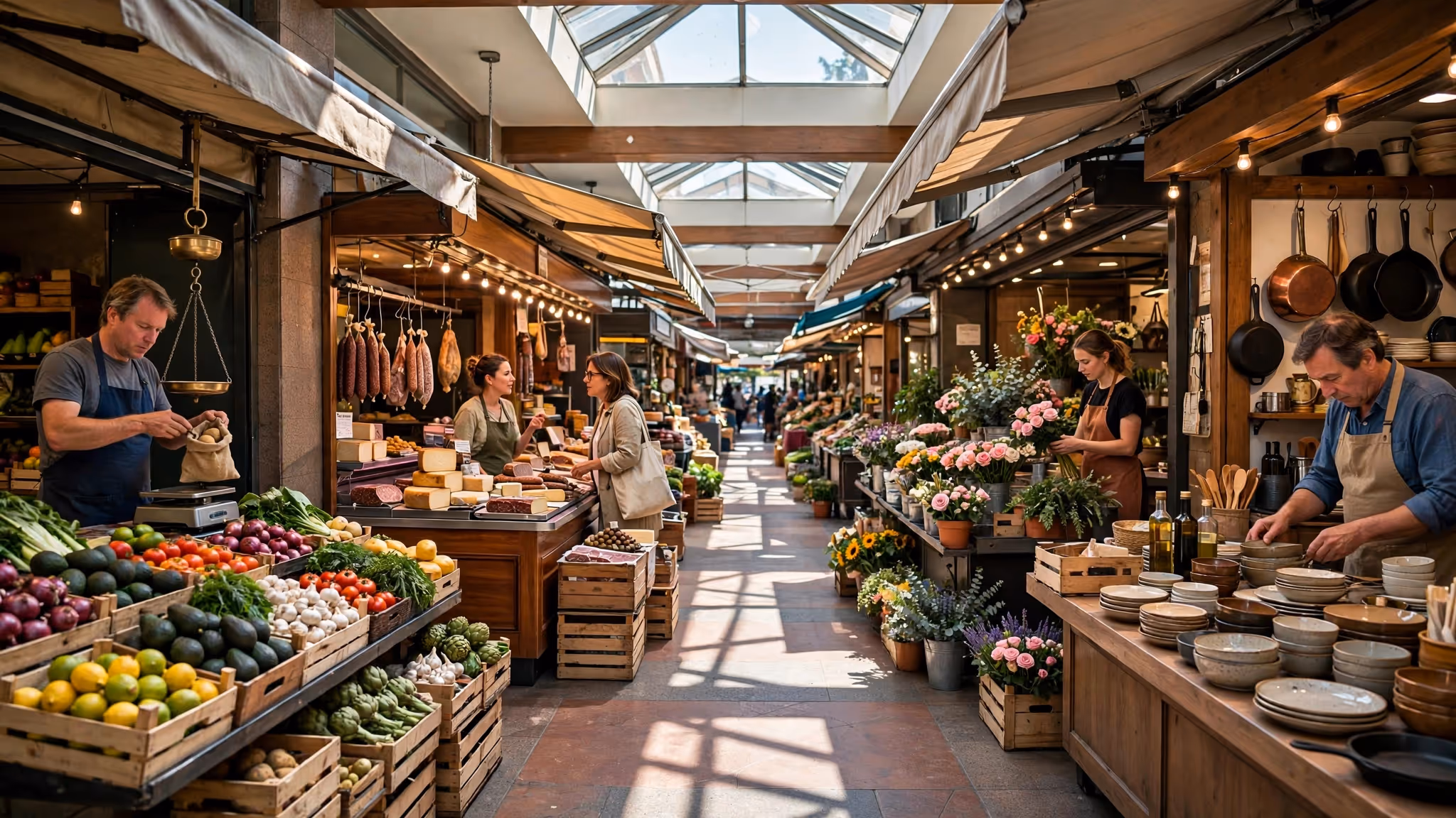 Pasillo de un mercado techado con puestos de verduras, quesos, flores y loza, cada uno atendido por su dueño