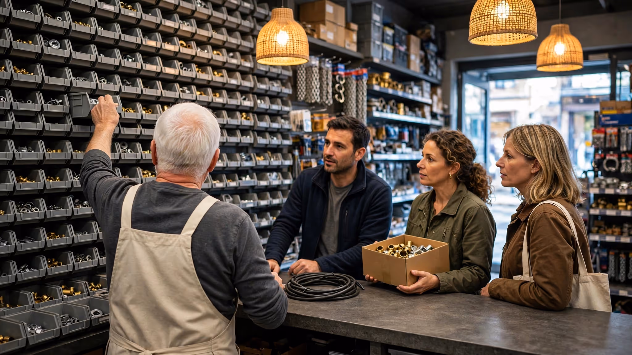 Dueño de una ferretería atendiendo a tres clientes a la vez en el mesón de su local
