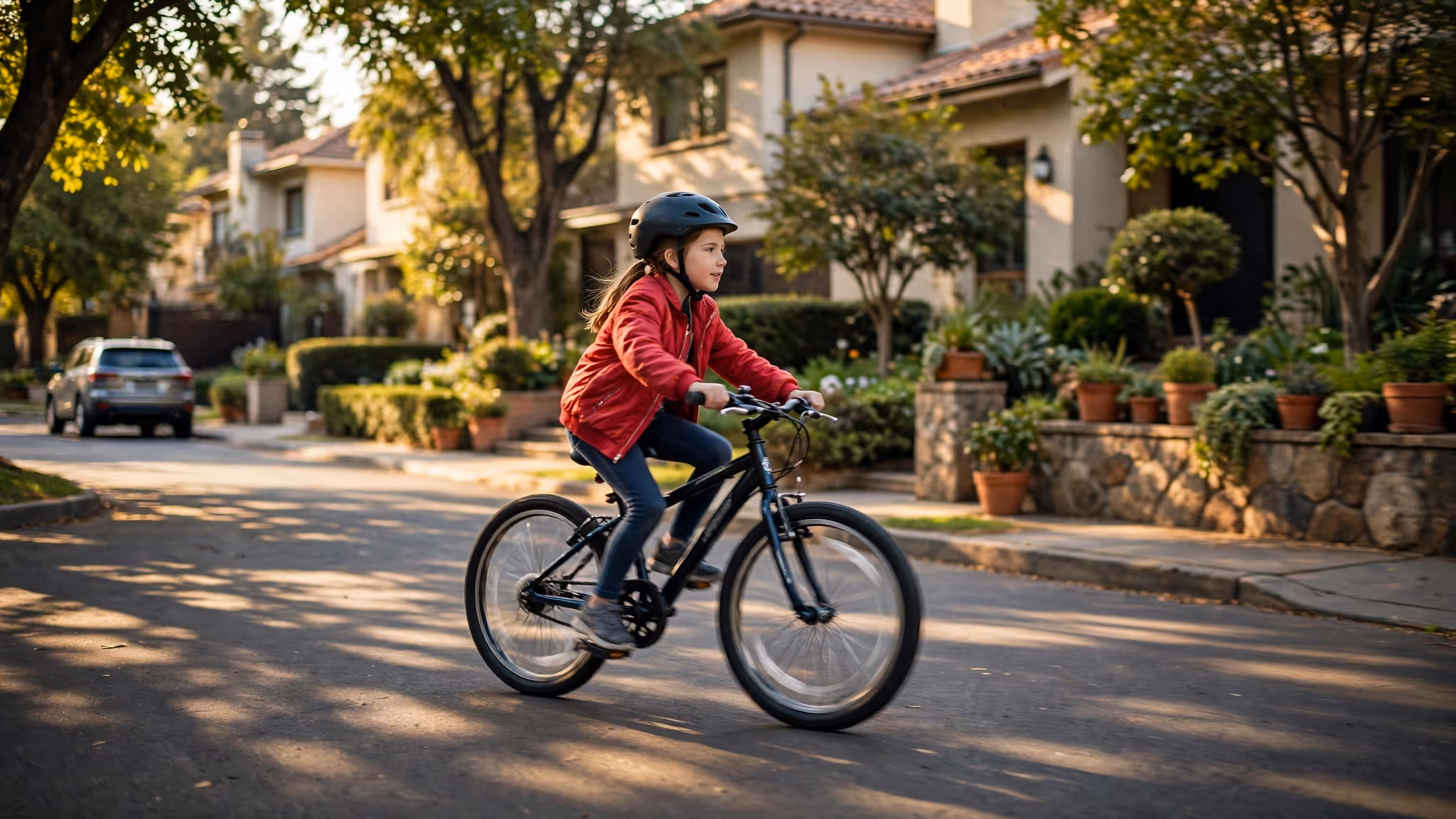 Niña en bicicleta por la calle frente a su casa, en una tarde de sol