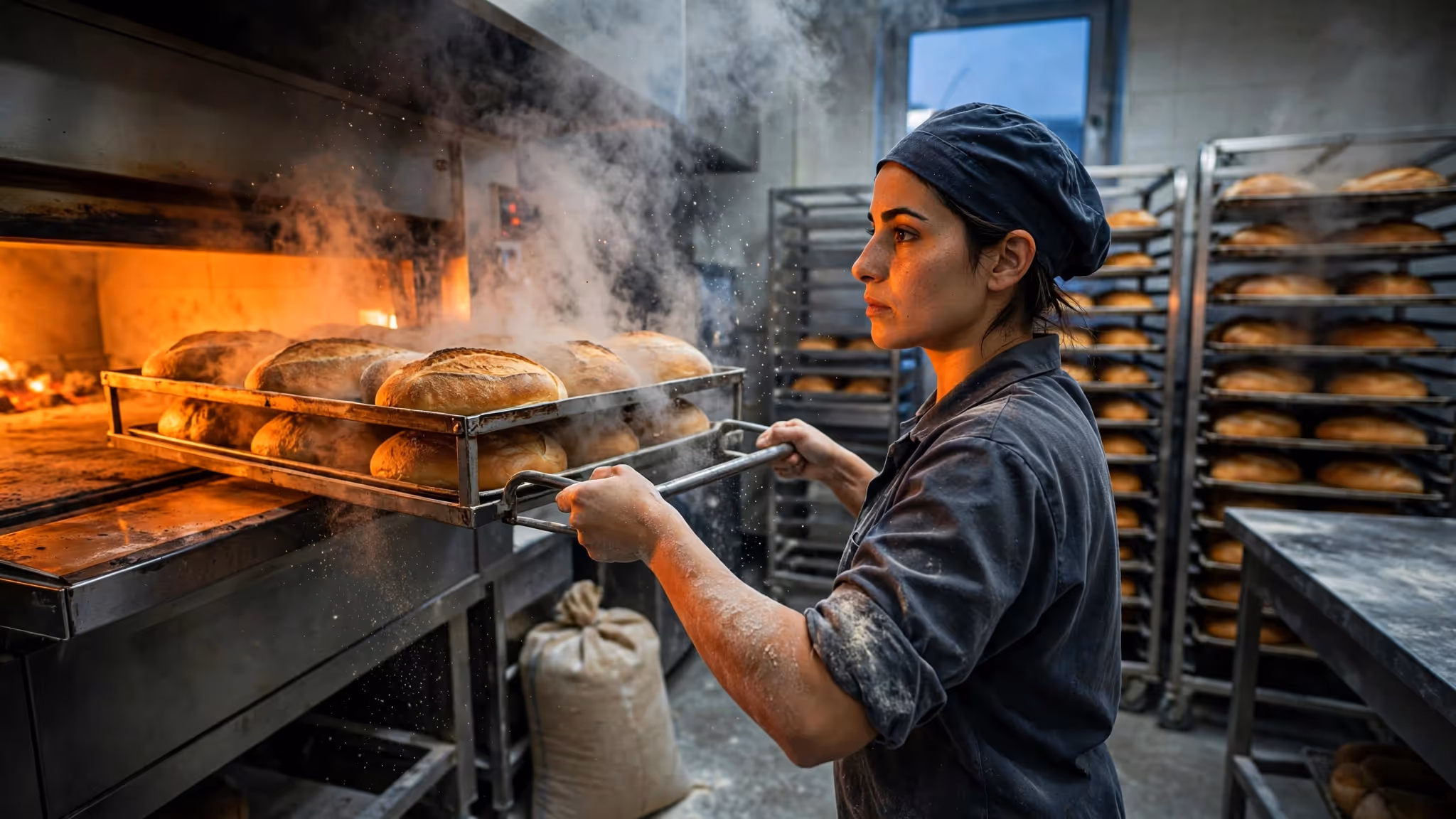 Panadera sacando del horno una bandeja de pan recién hecho al amanecer