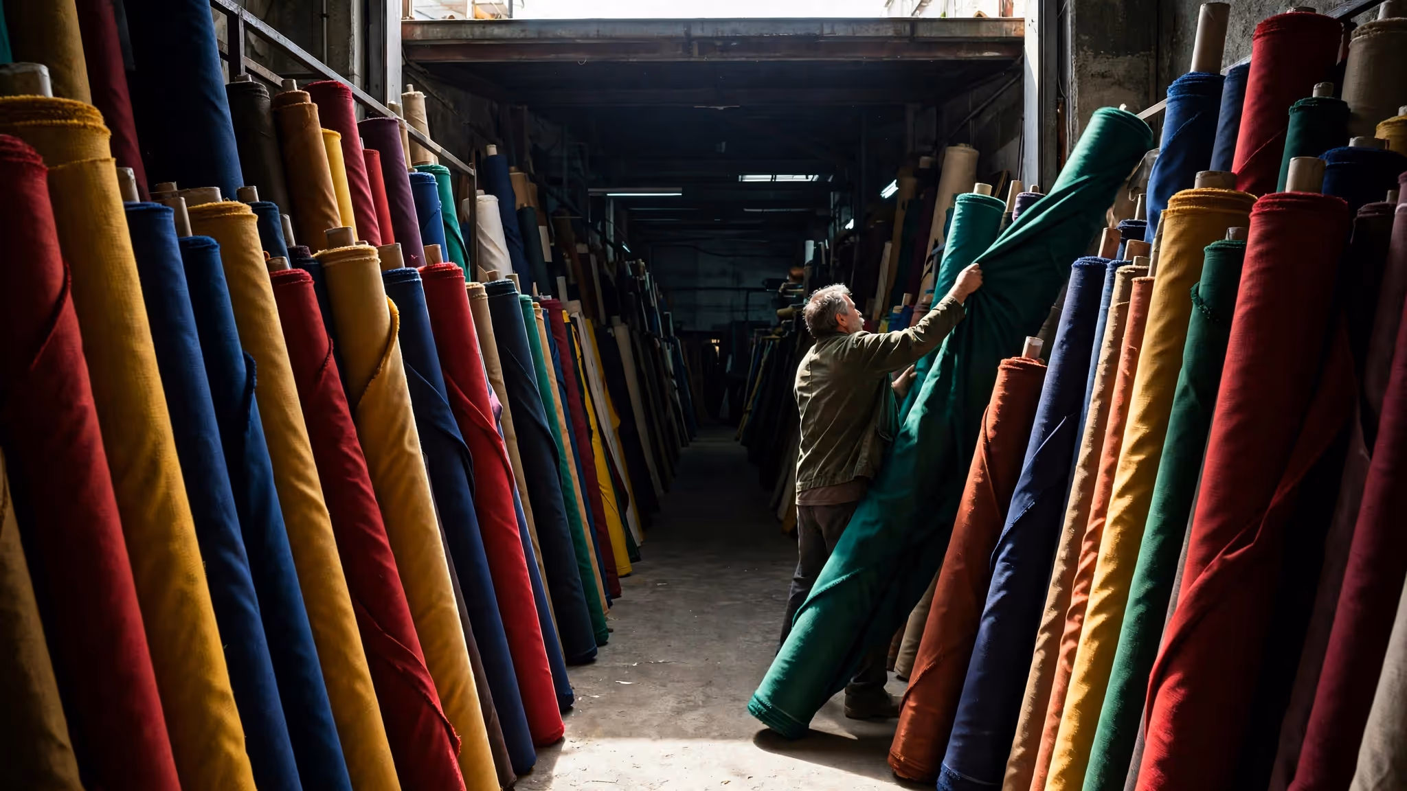 Comerciante de telas levantando un rollo entre pasillos de rollos de distintos calibres y colores