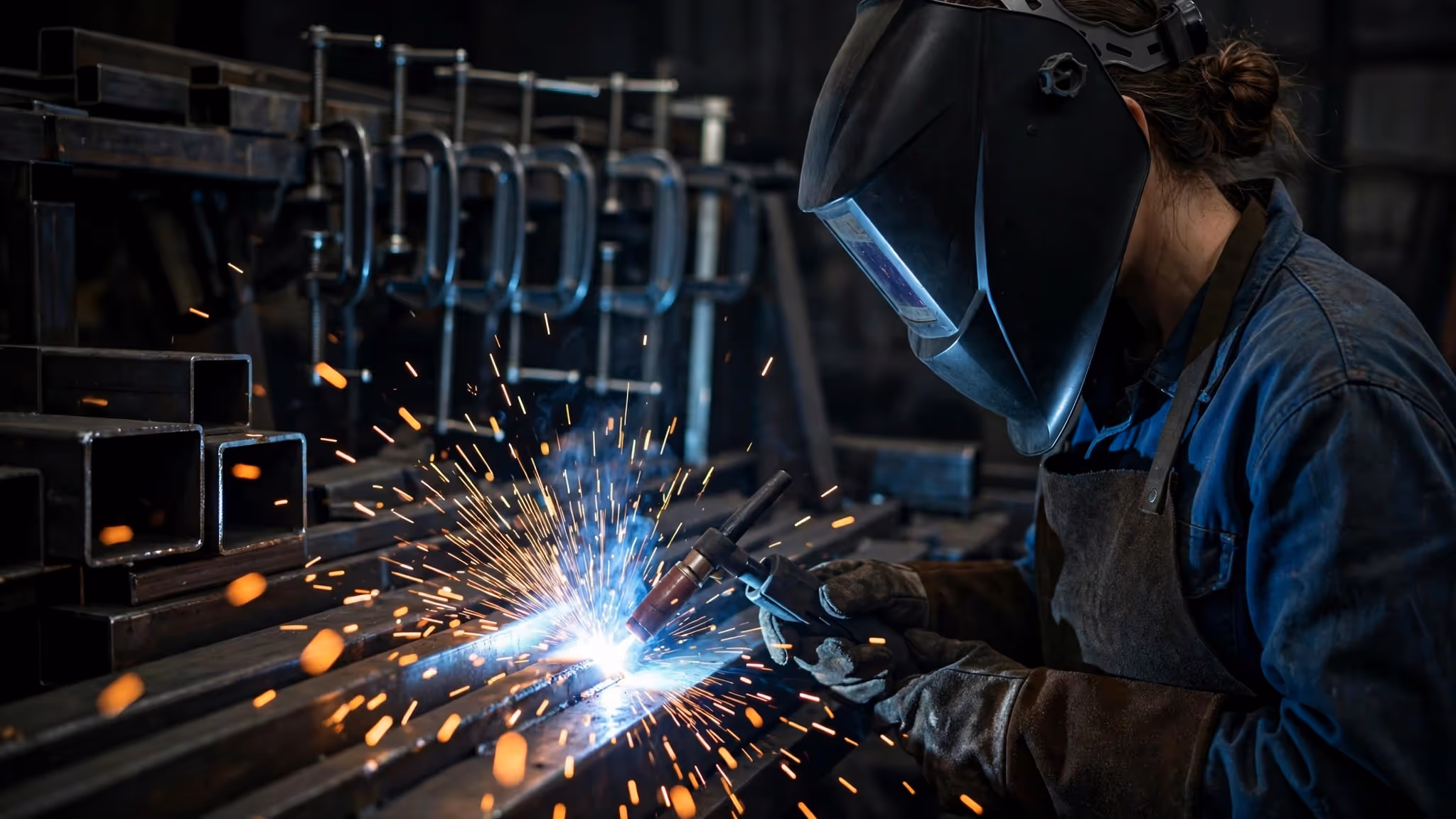 Maestra soldadora trabajando en un taller metalmecánico, iluminada solo por el arco de soldadura
