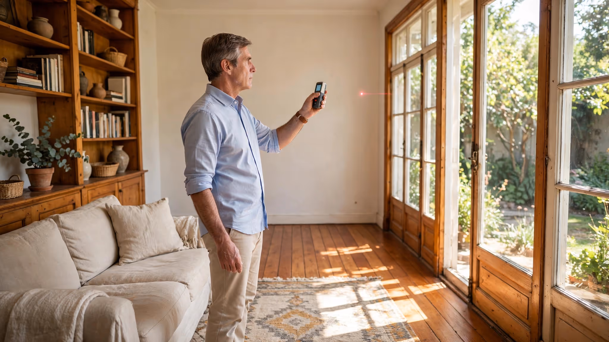 Tasador midiendo con un medidor láser el living de una casa, con luz de mañana entrando por la ventana