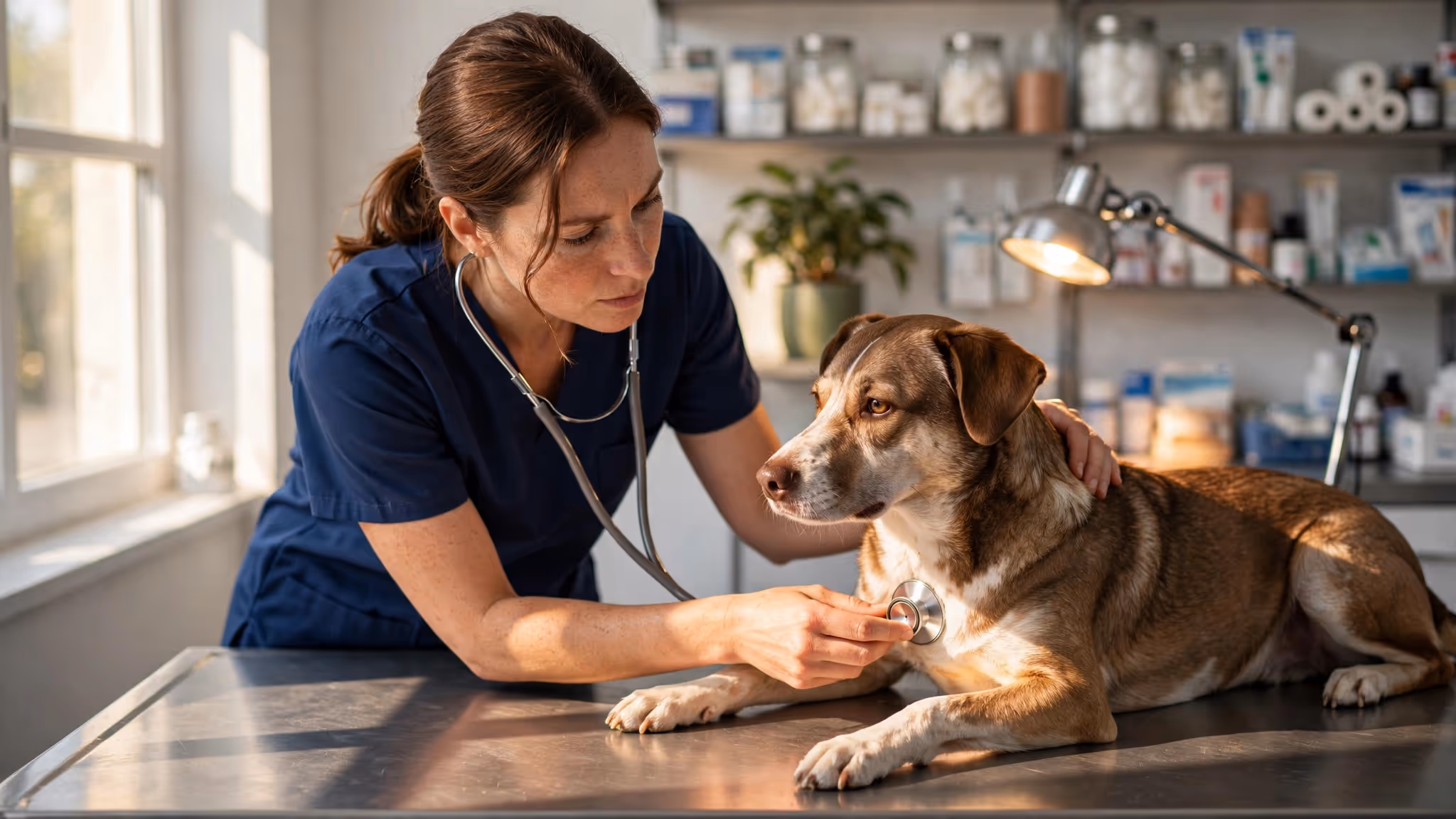 Veterinaria independiente auscultando a un perro en la mesa de su propia consulta